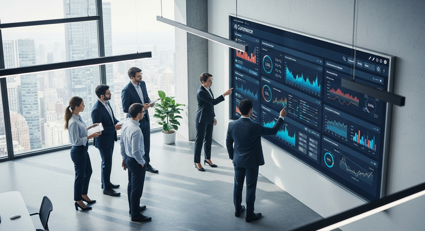 AI agents represented by glowing figures interacting with digital commerce interfaces